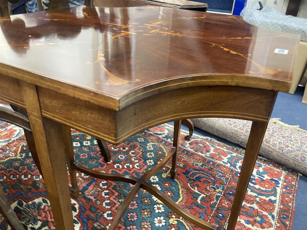 A Sheraton revival mahogany and marquetry inlaid octagonal centre table, width 68cm, depth 67cm, height 76cm
